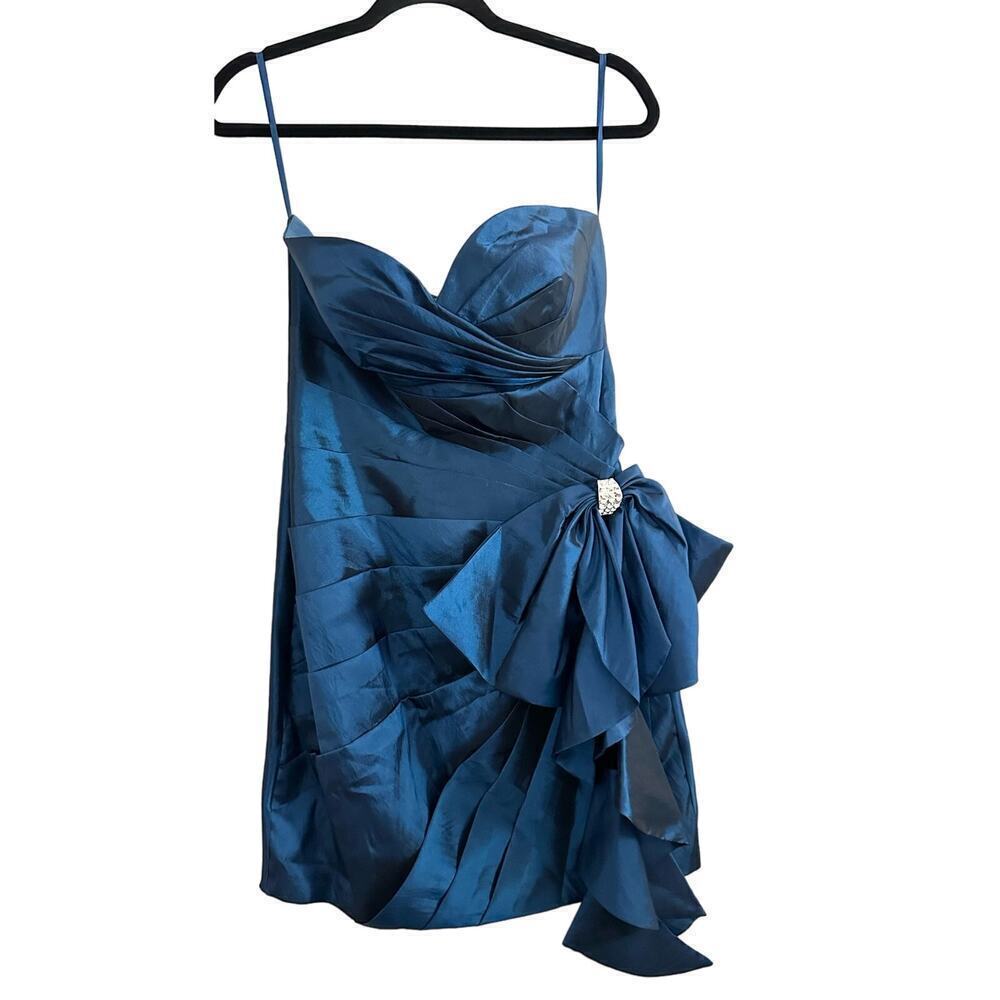 CINDERELLA DIVINE Midnight Blue Pleated Bow Rhinestone Strapless Mini Dress - M